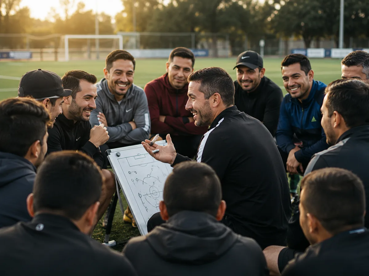 Entrenadores compartiendo ideas en cancha